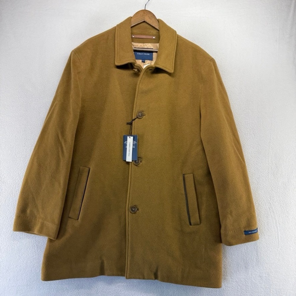Cole Haan Coat Mens XL Brown tan Italian Fabric Wool Blend Overcoat Cashmere NEW